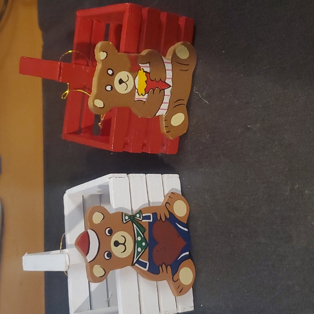 2 Vintage Wood Mini Basket Teddybear Ornaments Red & White